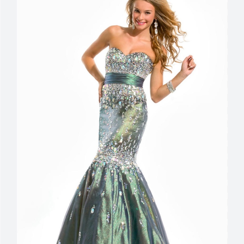 Green and Gold Embellished Strapless Prom Dress Size 4 Excellent Condition!